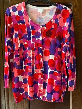 Joseph A Red Pink Purple Polka Dot Button Cardigan